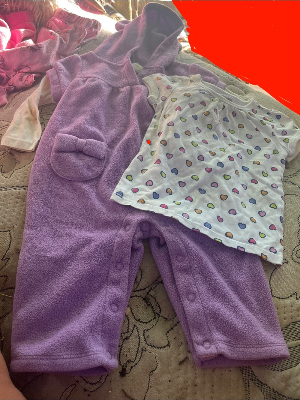Girls' Purple Hooded Fleece Pajama Romper with Heart Print Top 6-12m